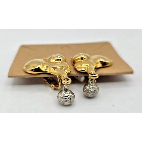 Vtg Gold Tone Cat W/Dangling Ball Silver Tone Yarn Clip Earrings 1.5" Long Dangl - Picture 3 of 5